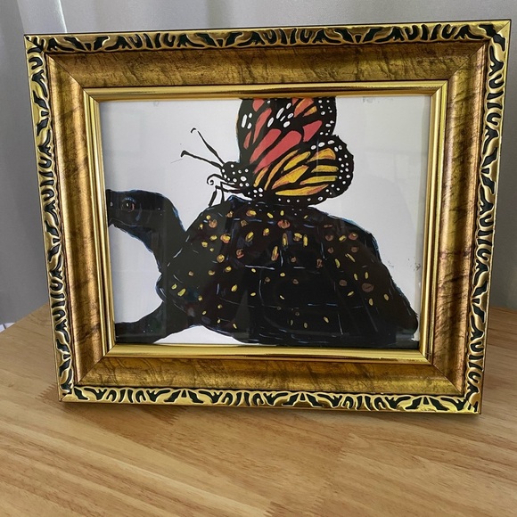 Gold Framed Plastic Wall Art Picture Turtle & Butterfly Nature Design Home Decor - Picture 1 of 9